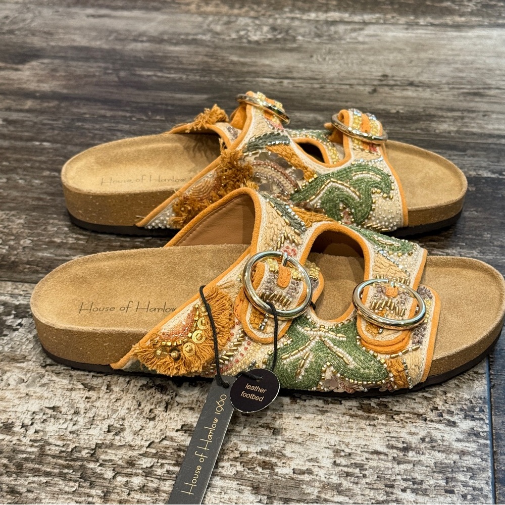 House of Harlow Slides 1960 Beaded Leaf Leather Buckle Sandals Size 8.5 NWT‎ - Picture 7 of 15